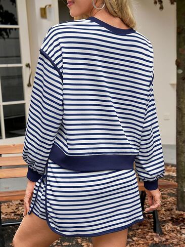 Fisoew Womens Striped 2 Piece Outfits Crewneck Workout Sets High Waist Skort Set Long Sleeve Matching Sets Women Clothing in Kuwait