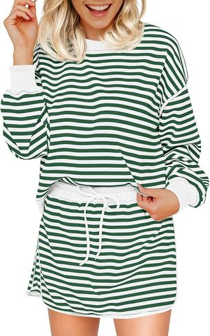 Fisoew Womens Striped 2 Piece Outfits Crewneck Workout Sets High Waist Skort Set Long Sleeve Matching Sets Women Clothing in Kuwait