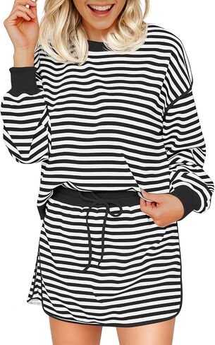 Fisoew إمرأة مخطط 2 قطعة وتتسابق Crewneck تجريب مجموعات عالية الخصر Skort مجموعة طويلة الأكمام مطابقة مجموعات النساء الملابس in Saudi Arabia