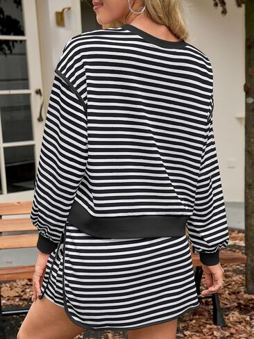 Fisoew إمرأة مخطط 2 قطعة وتتسابق Crewneck تجريب مجموعات عالية الخصر Skort مجموعة طويلة الأكمام مطابقة مجموعات النساء الملابس in Saudi Arabia
