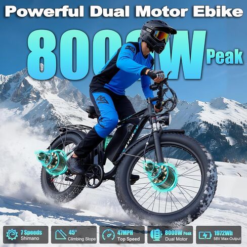 8000W Peak Dual Motor Ebike for Adults 47 MPH Fast Electric Bike, 58V Max-Output 1972 Wh Up to 105 Miles Ebikes,24" Fat Tire E-Bike,Full Suspension Electric Bicycle for Mountain Commuter Snow in Saudi Arabia