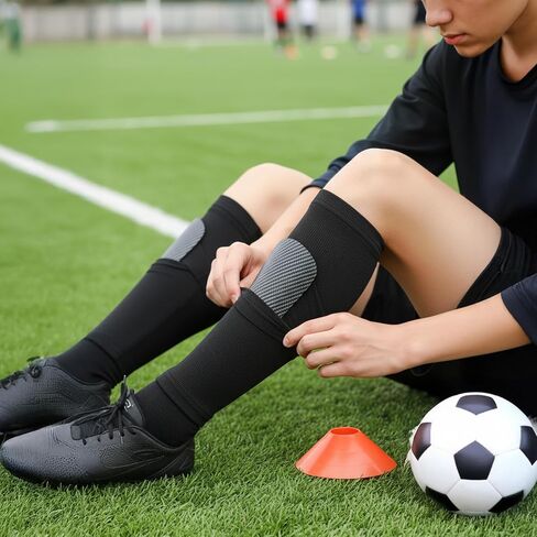 2 Pairs Soccer Shin Guard Sleeves, Soccer Shin Guard Covers Socks Football Pads Holders Breathable Shin Pad Compression Sleeves with Insert Pocket for Teenagers Youth Adults Beginners in Saudi Arabia
