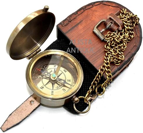 “Not All Those Who Wander are Lost" Engraved Solid Brass Compass with Leather Case & Chain | Vintage Style Pocket Compass for Men & Women | Hiking Compass | Graduatin Gift | Birthday Gift in Saudi Arabia