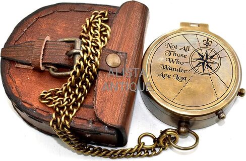 “Not All Those Who Wander are Lost" Engraved Solid Brass Compass with Leather Case & Chain | Vintage Style Pocket Compass for Men & Women | Hiking Compass | Graduatin Gift | Birthday Gift in Saudi Arabia