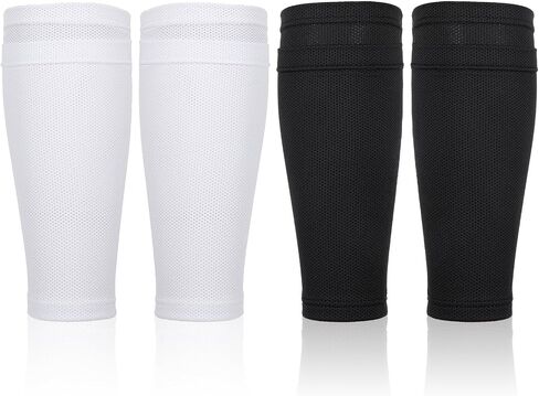 2 Pairs Adults Youth Soccer Shin Guards Sleeves, Soccer Shin Guard Socks Shin Pads Socks Soft Breathable Leg Sleeves Holder with Pockets for Sports (Black, White) in Saudi Arabia