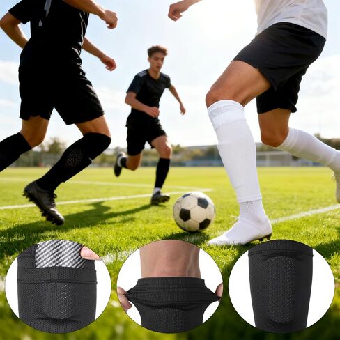 2 Pairs Adults Youth Soccer Shin Guards Sleeves, Soccer Shin Guard Socks Shin Pads Socks Soft Breathable Leg Sleeves Holder with Pockets for Sports (Black, White) in Saudi Arabia
