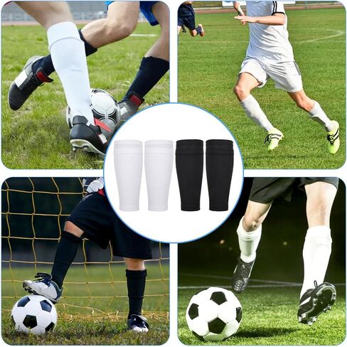 2 Pairs Adults Youth Soccer Shin Guards Sleeves, Soccer Shin Guard Socks Shin Pads Socks Soft Breathable Leg Sleeves Holder with Pockets for Sports (Black, White) in Saudi Arabia