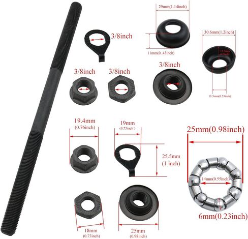 yukata Black 3/8" Bike Hub Cups 180 mm /7.08 Inch Bicycle axle 1/4" X 7 Silver Balls Bearing Retainer 26tpi Hub Conical Lock nut Washer Kit for Road Bikes and Mountain Bikes 1 Set in Saudi Arabia