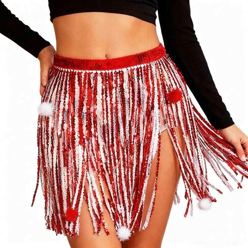 COSYDAYS Christmas Red Sequin Skirt Sparkly Green Fringe Tassel Skirt Xmas Belly Dance Hip Scarf for Women in Saudi Arabia