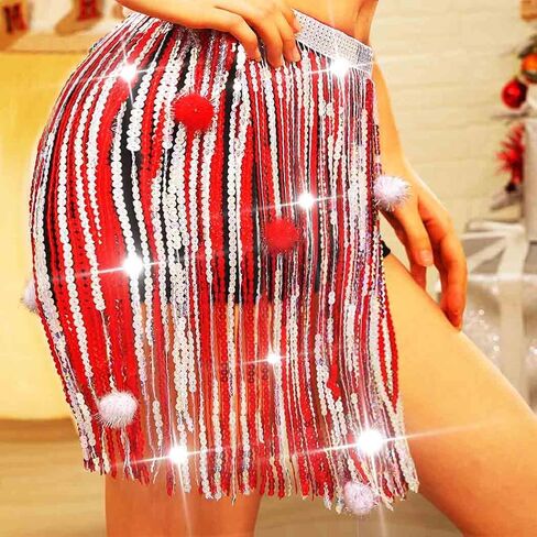 COSYDAYS Christmas Red Sequin Skirt Sparkly Green Fringe Tassel Skirt Xmas Belly Dance Hip Scarf for Women in Saudi Arabia