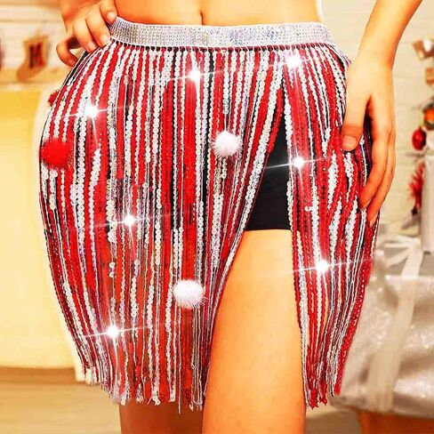 COSYDAYS Christmas Red Sequin Skirt Sparkly Green Fringe Tassel Skirt Xmas Belly Dance Hip Scarf for Women in Saudi Arabia