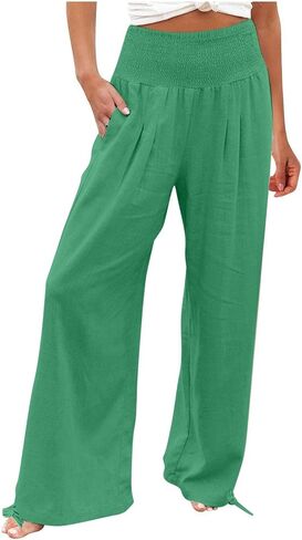 bmkBWO Women Linen Palazzo Pants High Waisted Wide Leg Lounge Pants 2025 Beach Travel Vacation Outfits in Saudi Arabia