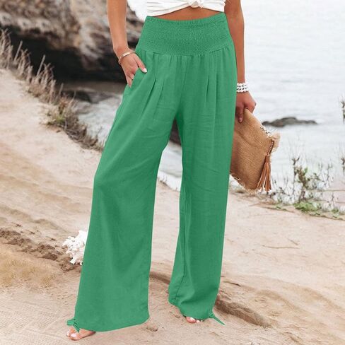 bmkBWO Women Linen Palazzo Pants High Waisted Wide Leg Lounge Pants 2025 Beach Travel Vacation Outfits in Saudi Arabia