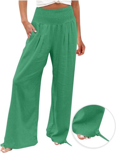 bmkBWO Women Linen Palazzo Pants High Waisted Wide Leg Lounge Pants 2025 Beach Travel Vacation Outfits in Saudi Arabia
