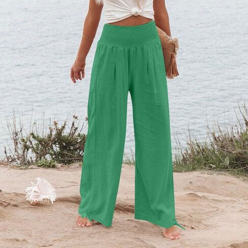 bmkBWO Women Linen Palazzo Pants High Waisted Wide Leg Lounge Pants 2025 Beach Travel Vacation Outfits in Saudi Arabia