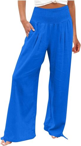 bmkBWO Women Linen Palazzo Pants High Waisted Wide Leg Lounge Pants 2025 Beach Travel Vacation Outfits in Saudi Arabia