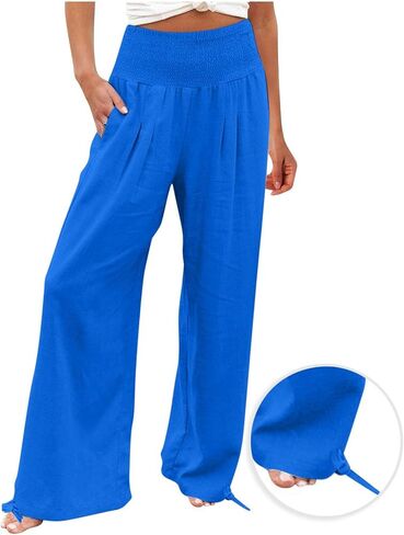 bmkBWO Women Linen Palazzo Pants High Waisted Wide Leg Lounge Pants 2025 Beach Travel Vacation Outfits in Saudi Arabia