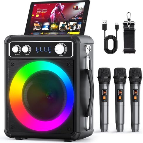 Karaoke Machine, Portable Bluetooth Karaoke Speaker with 3 Wireless Rechargeable Microphones, PA System for Adults Kids with LED Lights & Echo Adjustment, Supports TWS/TF/USB/AUX for Home Party in Saudi Arabia