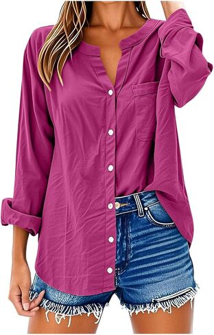 Women's Blouses Button Down Linen Shirts Casual Dressy Work Tops Plus Size Long Sleeve Shirt Elegant V Neck Tunics in Saudi Arabia