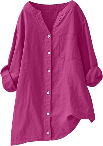 Women's Blouses Button Down Linen Shirts Casual Dressy Work Tops Plus Size Long Sleeve Shirt Elegant V Neck Tunics in Saudi Arabia