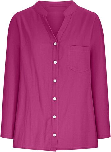 Women's Blouses Button Down Linen Shirts Casual Dressy Work Tops Plus Size Long Sleeve Shirt Elegant V Neck Tunics in Saudi Arabia