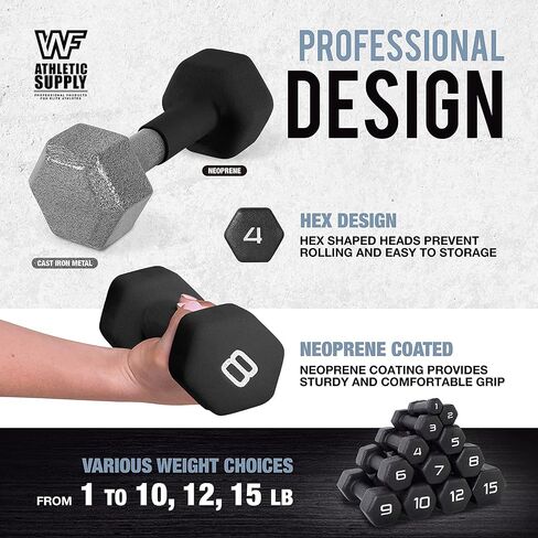 WF Athletic Supply Black Neoprene Dumbbell Set, Non-Slip & Hex Shape, Great for Muscle Toning, Strength Building & Weight Loss; Sizes, Dumbbells Only & w/Rack Options Available in Saudi Arabia