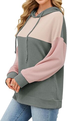 Women Color Block Oversized Hoodies Sweatshirt Casual Long Sleeve Hoodies Drawstring Sweatshirt Pullover in Saudi Arabia