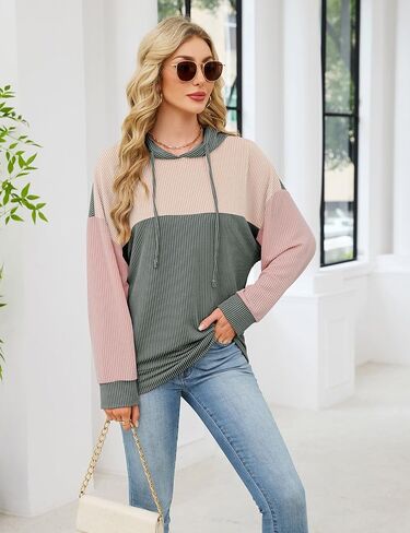 Women Color Block Oversized Hoodies Sweatshirt Casual Long Sleeve Hoodies Drawstring Sweatshirt Pullover in Saudi Arabia