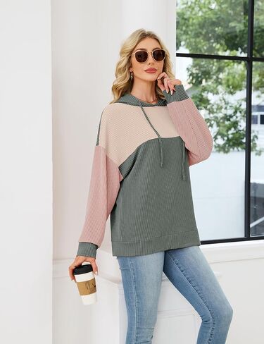 Women Color Block Oversized Hoodies Sweatshirt Casual Long Sleeve Hoodies Drawstring Sweatshirt Pullover in Saudi Arabia