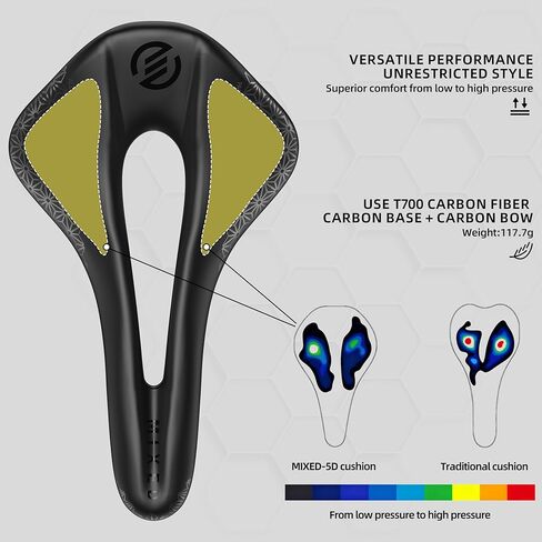 سرج دراجة مختلط من ألياف الكربون - مقعد دراجة مريح خفيف الوزن بتصميم مجوف، ممتص للصدمات وجيد التهوية، يناسب دراجات الطرق ودراجات MTB والحصى والدراجات الهجينة (أسود غير لامع) in Kuwait