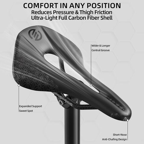 سرج دراجة مختلط من ألياف الكربون - مقعد دراجة مريح خفيف الوزن بتصميم مجوف، ممتص للصدمات وجيد التهوية، يناسب دراجات الطرق ودراجات MTB والحصى والدراجات الهجينة (أسود غير لامع) in Kuwait