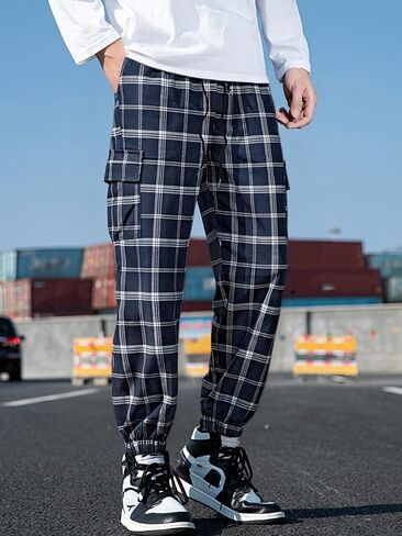 Blue Checkered Workwear Utility Trousers for Men Durable Casual Outdoor Hiking Pants in Saudi Arabia