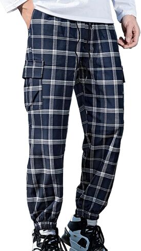 Blue Checkered Workwear Utility Trousers for Men Durable Casual Outdoor Hiking Pants in Saudi Arabia