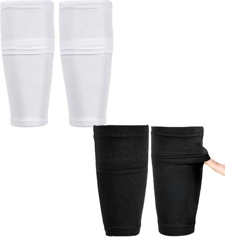 2 Pair Shin Guard Sleeves, Small Soccer Shin Guard Sleeves Youth for Kids 10-12 Years, Optimized Pocket Fixed Shinguards for Football & Field Hockey, Comfortable Fit Boys & Girls, Black White in Saudi Arabia