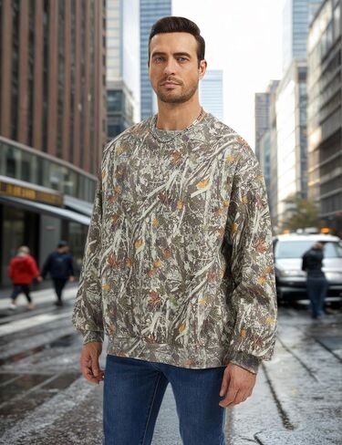Men’s Crewneck Camo Sweatshirt Casual Pullover Long Sleeve Fleece Top Loose Graphic Print Streetwear for Fall Winter in Kuwait