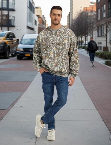 Men’s Crewneck Camo Sweatshirt Casual Pullover Long Sleeve Fleece Top Loose Graphic Print Streetwear for Fall Winter in Kuwait