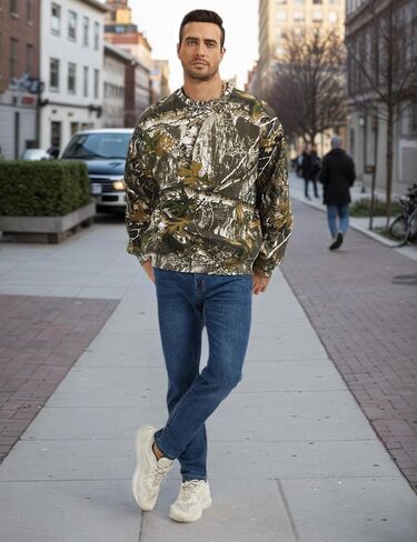 Men’s Crewneck Camo Sweatshirt Casual Pullover Long Sleeve Fleece Top Loose Graphic Print Streetwear for Fall Winter in Kuwait