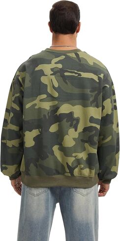 سويت شيرت مموه بياقة دائرية للرجال بلوفر كاجوال بأكمام طويلة من الصوف، بلوزة فضفاضة مطبوعة برسومات جرافيك لخريف وشتاء in Kuwait