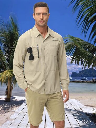 Men's Fishing & Hiking Button Down Shirt - UPF 50+ Sun Protection with Foldable Cuffs, Zipper Pockets & Back Mesh in Saudi Arabia