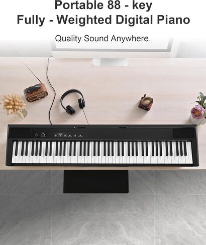 بيانو لوحة مفاتيح S-200 للمبتدئين - بيانو رقمي كامل الحجم بـ 88 مفتاحًا، بيانو كهربائي محمول مع دواسة مستدامة، مزود طاقة، مقبس سماعة رأس مزدوج، USB-MIDI، ومشغل MP3، أسود in Kuwait