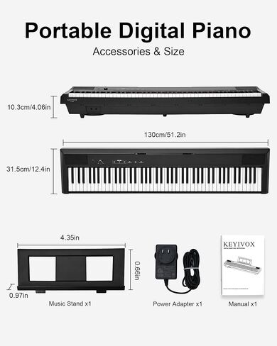 بيانو لوحة مفاتيح S-200 للمبتدئين - بيانو رقمي كامل الحجم بـ 88 مفتاحًا، بيانو كهربائي محمول مع دواسة مستدامة، مزود طاقة، مقبس سماعة رأس مزدوج، USB-MIDI، ومشغل MP3، أسود in Kuwait