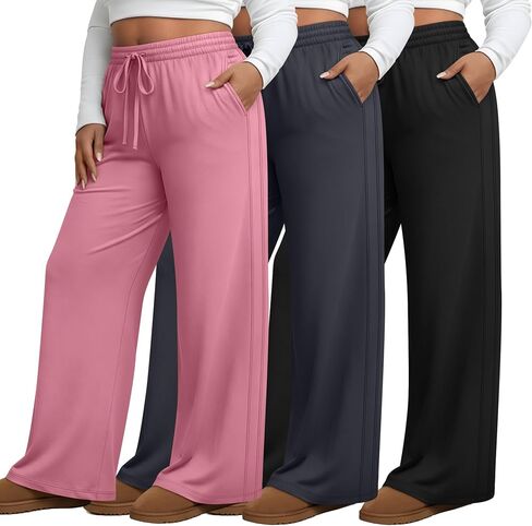 3 Pack Women's Plus Size Pants, Drawstring Wide Leg High Waist Sweatpants Loose Casual Lounge Pants with Pockets in Saudi Arabia