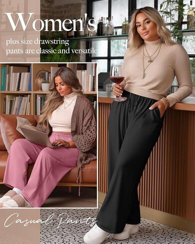 3 Pack Women's Plus Size Pants, Drawstring Wide Leg High Waist Sweatpants Loose Casual Lounge Pants with Pockets in Saudi Arabia