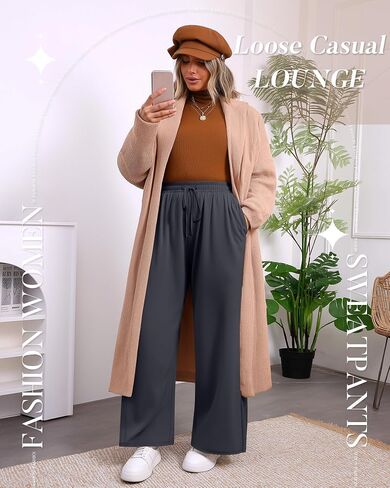 3 Pack Women's Plus Size Pants, Drawstring Wide Leg High Waist Sweatpants Loose Casual Lounge Pants with Pockets in Saudi Arabia