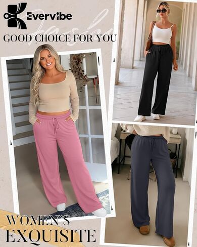 3 Pack Women's Plus Size Pants, Drawstring Wide Leg High Waist Sweatpants Loose Casual Lounge Pants with Pockets in Saudi Arabia