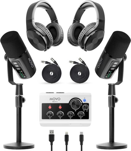 Movo Pro Portable Podcast Equipment Bundle for iPhone/Android Phones- Podcast Kit with Audio Interface, 2 UM6 Dynamic Mics, 2 Headphones, 2 Boom Arms - for Smartphones, Computers, PC, Mac in Kuwait
