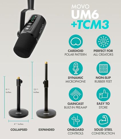 Movo Pro Portable Podcast Equipment Bundle for iPhone/Android Phones- Podcast Kit with Audio Interface, 2 UM6 Dynamic Mics, 2 Headphones, 2 Boom Arms - for Smartphones, Computers, PC, Mac in Kuwait