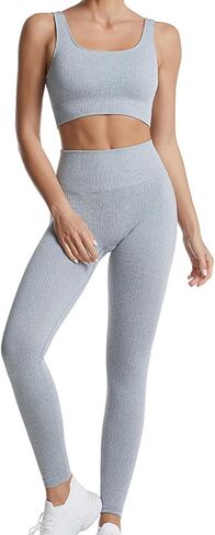 ملابس نسائية للتمرين مكونة من قطعتين، سراويل ضيقة عالية الخصر بدون خياطة وحمالات صدر رياضية، مجموعة ملابس رياضية لليوجا والجيم in Kuwait
