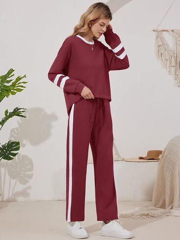 Anbech المرأة بلوزات 2 قطعة مجموعة ملابس الخريف جردت طويلة الأكمام بلوزات واسعة الساق Sweatpants صالة مجموعات رياضية in Kuwait