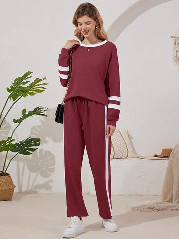 Anbech المرأة بلوزات 2 قطعة مجموعة ملابس الخريف جردت طويلة الأكمام بلوزات واسعة الساق Sweatpants صالة مجموعات رياضية in Kuwait